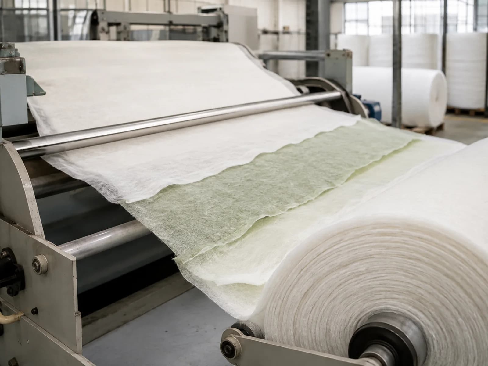Nonwoven tekstil malzemesinin üretim sürecinden yakın görünüm